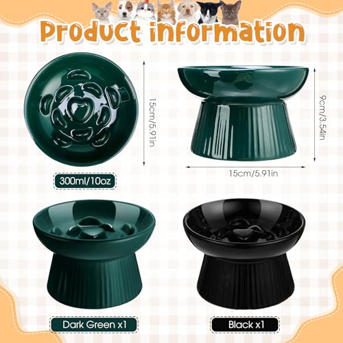 Tioncy 2 Pcs Ceramic Elevated Slow Feeder Cat Bowl, Dark Green, Black - color: Dark Green, Black
