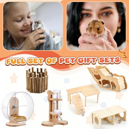 6 Pcs Hamster Toys Set, Maze Wood House, Climbing Ladder Wooden Bridge Tunnel Toy Platform Silent Exercise Running Wheels and Water Bottle Set for Rat Guinea Pig Habitat Cage(Basic) - style: Minimalist