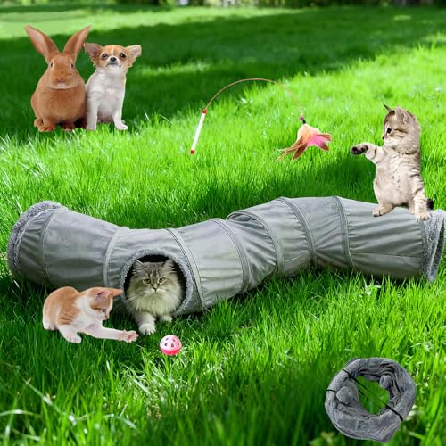 2-Way Collapsible Cat Tunnel Tube Toy Pack Set - color: Grey fleece