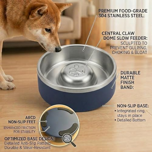 Stainless Steel Slow Feeder Dog Bowl, Heavy Duty Thickened Metal Dog Bowl, Non-Slip Base, Dishwasher Safe, Anti Gulping Feeding Bowl for Small to Medium Dogs & Cats, 56 oz, Dark Blue - color: Dark blue