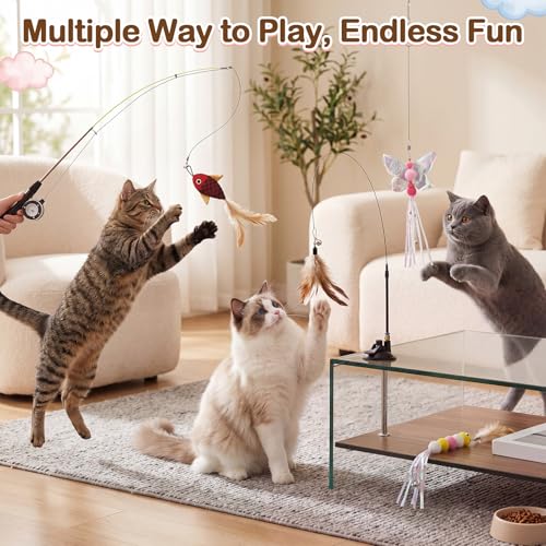 Outus 16 Pcs Cat Fishing Pole Toy with Feather Refills Toy for Indoor Cats