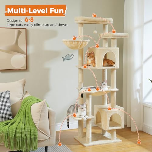 PETEPELA 69" Tall Cat Tower with Hammock & Scratching Posts, Beige - color: Beige, size: 69 Inches
