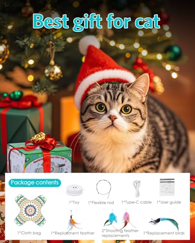 Interactive Cat Toy, Rechargeable Cat Toys for Indoor Cats, Automatic Cats Chasing Toy, Hide & Seek, 2 Modes, Self-Holding Suction Base, 3-in-1 Feather Toys with 1 Teaser Pole, 4 Replacements