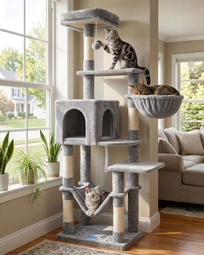 Hey-brother Cat Tree, Multi-Level Sisal Covered Scratching Posts, MPJ050W - color: Light Gray