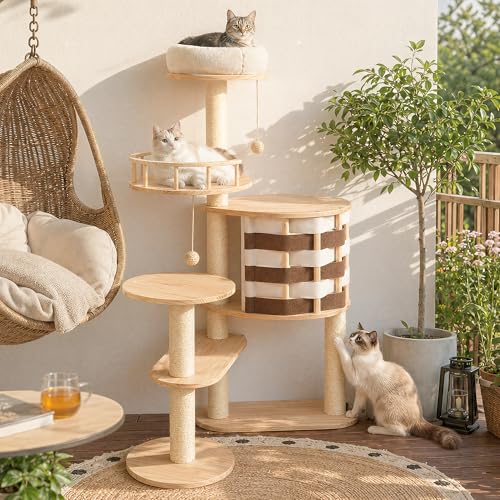 48 Inch Solid Wood Cat Tree, Modern Cat Tower for Indoor Cats, Chessboard Style Cat Condo with Guardrail Perch, Sisal Scratching Posts, Washable Cushion, Hanging Balls, Natural