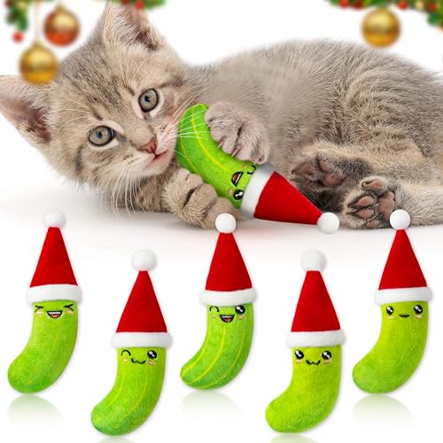 MALLMALL6 Catnip Toys for Cat - 5Pcs Christmas Pickle Catmint Interactive Cat Toy for Indoor Cats, Soft Santa Hat Kitten Supplies, Kitten Teething Chew Toy Set, Pet Xmas Gifts for Kitty Lover - style: Christmas Pickle