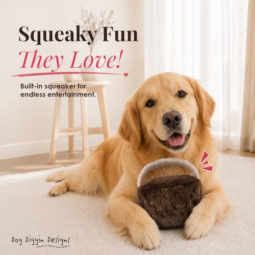 Dog Diggin Designs Chewy Vuiton Plush Dog Toy Purse | Luxury-Inspired Parody Designer Handbag with Squeaker, Soft Plush Fashion Dog Toy – Haute Couture Purses & Handbags - color: Brown Bag, size: Small