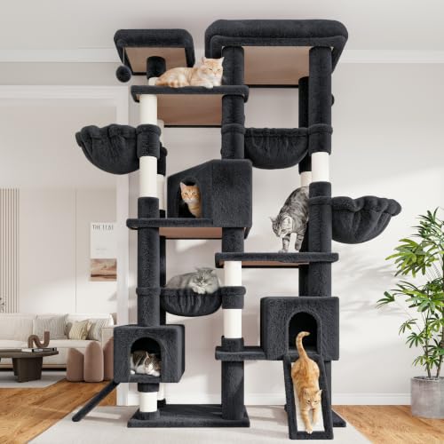 SHA CERLIN 87 in Multi-Level Tall Cat Tree Tower for Large Cats/Extra Wide Feline Activity Center/Sisal Scratching Posts/Wide Base/Cozy Plush Perches/Baskets/Hammocks/Toy Balls/Dark Grey - color: Dark Grey