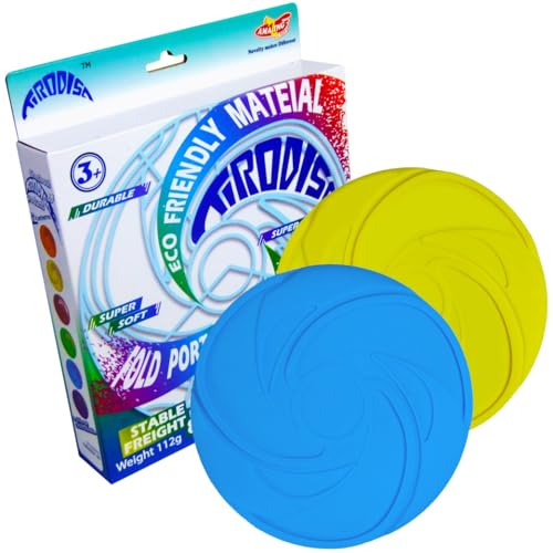 AMAZING TOYZ Dog Flying Discs 2 Pack Yellow and Blue Frisbee for Dog Toys, Soft Rubber Interactive Fetch Toy for Small Medium Large Dogs - Safe for Teeth and Chewers 20cm