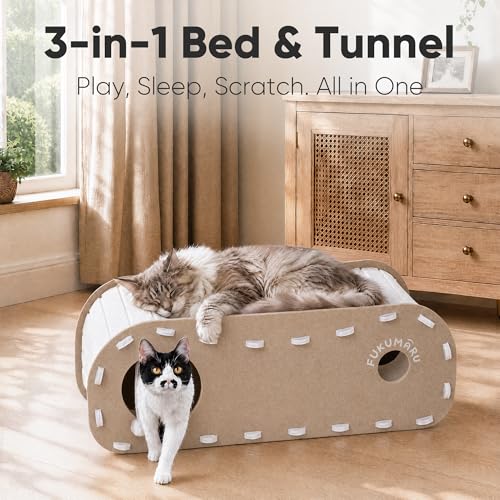 FUKUMARU Cat Bed Cave Tunnel, 31.5 Inch, Cat House Condo Indoor, Beige