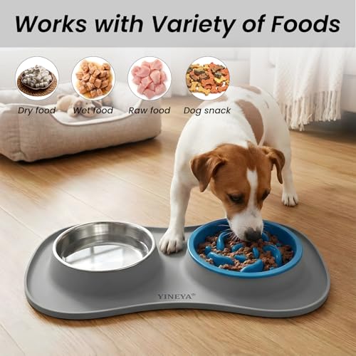 YINEYA 3 in 1 Slow Feeder Dog Bowls,Dog Water Bowl,Cat and Dog Food Bowl - color: Gray, size: Medium