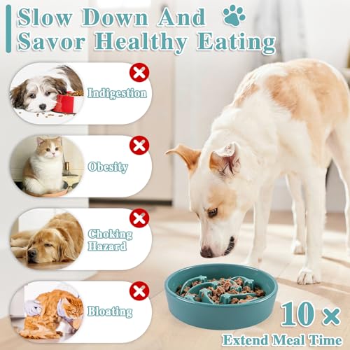 Ceramic Slow Feeder Dog Bowls,2 Cups Dog Food Dish for Medium & Large Breed - color: Dark Green-L
