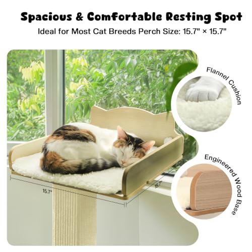 Cat Window Perch with Thick Sisal Scratching Post, Cat Hammock for Window, 53.5" Adjustable Tall Cats Scratching Post with 2 Upgrade Suction Cups, Cats Window Bed with Fluffy Cushion, Sisal