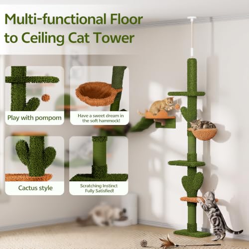 Cactus Floor to Ceiling Cat Tower, 17-in-1 Cat Wall Shelves, Green