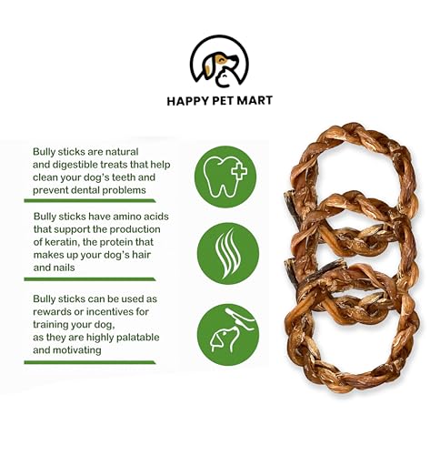 Braided Bully Stick Rings for Dogs. | High Protein, Fun Shape, Long-Lasting, Single-Ingredient Dog chew Treats. (Pack of 20)