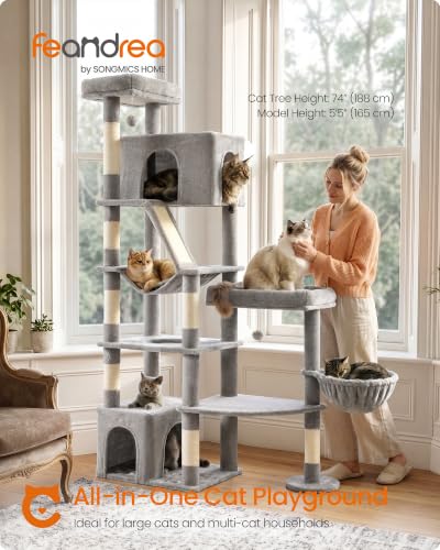 Feandrea Large Cat Tree, 74.1" Tall Sturdy Cat Tower for Indoor, Dove Gray - color: Dove Gray, size: 41.3"L x 17.7"W x 74.1"H