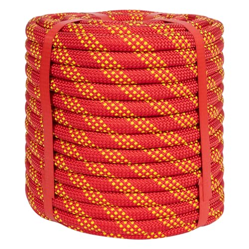 1/2 Inch Static Climbing Rope (100 Ft) - 9000lbs High Strength Arborist Bull Rope for Tree Pulling, Rigging & Rappelling - 48 Strand Polyester Braided Core, Red - size: 1/2in x 100ft, style: Red
