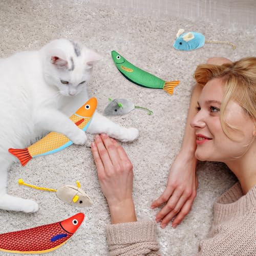 Cat Kicker Toy 6-Pack Organic Catnip Toys for Cats Squeak Mice Set with Rattle Crinkle Sound Soft Teething Chew Interactive Flopping Toys for Indoor Kittens Durable Fish-Shaped Kicker Relieve Boredom
