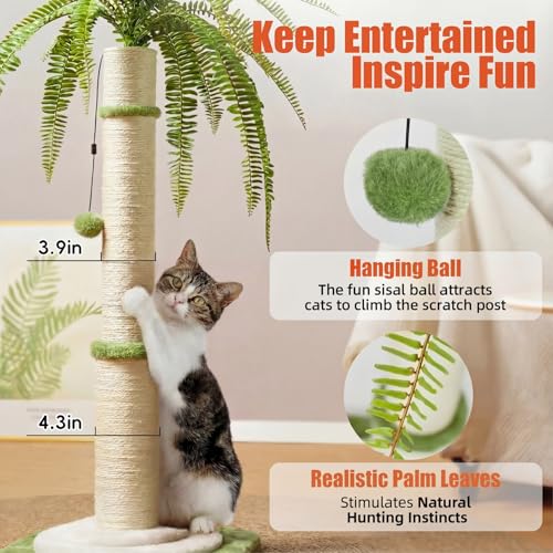 42" Tall Palm Tree Cat Scratching Post - Heavy Duty Coconut Cat Scratcher for Large Cats, Cute Green Sisal Rope Vertical Scratching Pole with Dangling Ball, Stable & Decorative Furniture (106cm)