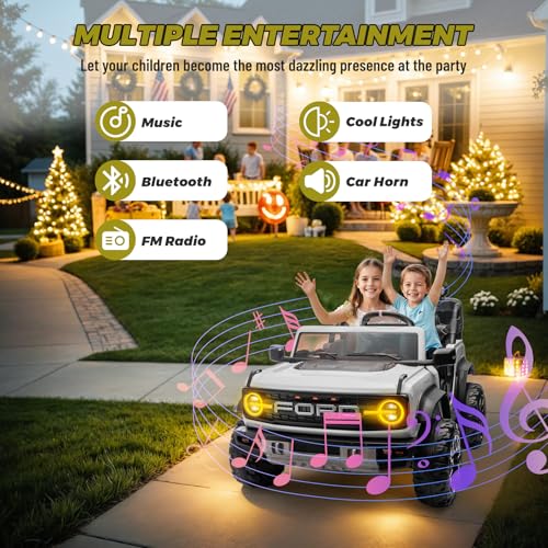 24V 2 Seater Ride On Toys for Kids, Licensed Ford Bronco Raptor Electric Ride On Car w/Remote Control, Safety Belt, LED Lights, Spring Suspension, Bluetooth Music, 3 Speed, White - color: White