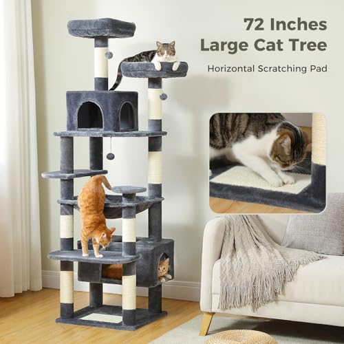 PAWZ Road 72" Cat Tree, Tall Cat Tower with Hammock& Condos for Large Cats - color: Dark Gray, size: 72"
