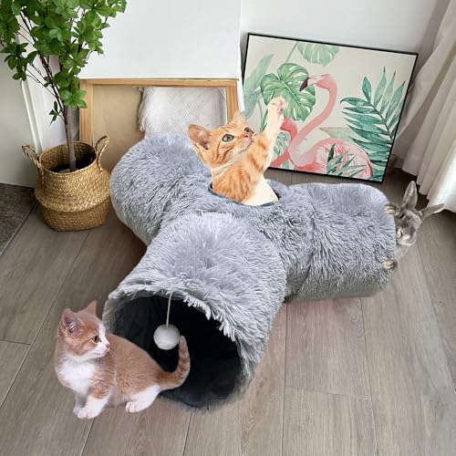 3-Way Collapsible Cat Tunnel Tube Toy Grey Plush - color: Grey Plush