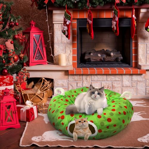 Hollowfly Christmas Cat Bed Tunnel 3ft x 3ft x 9.8in Lime Green Under Tree Cat Donut Tunnels for Indoor Kitten Plush Polka Dot Peekaboo Cave Toy Collapsible 3 Way Xmas Gifts for Small Kitty - style: Polk Dot