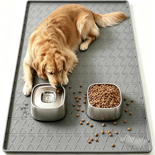 Pawtners 34" x 22" Waterproof Silicone Cat & Dog Food Mat with Raised Edge - color: Gray