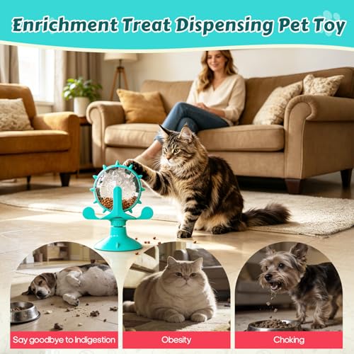 Cat Food Treat Dispenser Toy Interactive with 360°Rotating Windmill Suction Cup for Indoor Cats, Kittens & Small Dogs Slow Feeder Snack Exercise & Distribution Wheel Toy - color: Blue- Pinwheel, size: Pinwheel