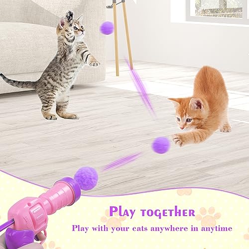 Mewlmart Interactive Cat Toys for Indoor Cats Pink Cat Pom Pom Balls Plush Ball Launcher Cat Fetch Toy Enrichment Toys 30 Balls - size: Pink 30 balls