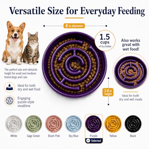 Ceramic Slow Feeder Dog Bowl, 1.5 Cup Puzzle Dish for Small Medium Dogs - color: Ceramic-Purple
