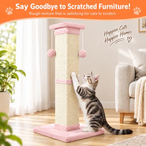 Cat Scratching Post 33 Inch Nature Sisal Cat Scratch Post for Indoor Cats, Large Cat Scratcher Protect Your Furniture Pink - color: Pink