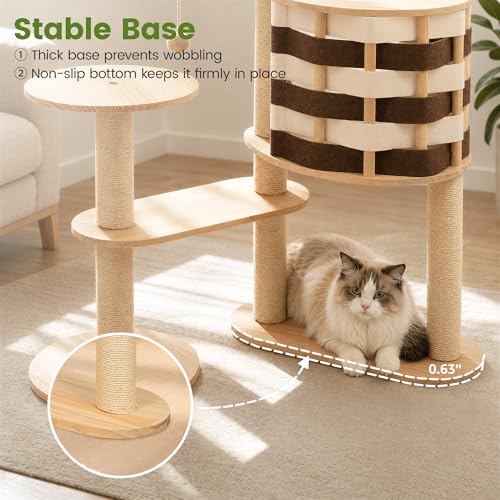 48 Inch Solid Wood Cat Tree, Modern Cat Tower for Indoor Cats, Chessboard Style Cat Condo with Guardrail Perch, Sisal Scratching Posts, Washable Cushion, Hanging Balls, Natural