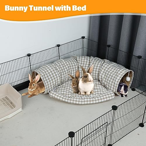 BWOGUE Bunny Tunnel Bed, 2-in-1 Collapsible Rabbit Tunnel Hideout with Mat - color: YellowPlaid