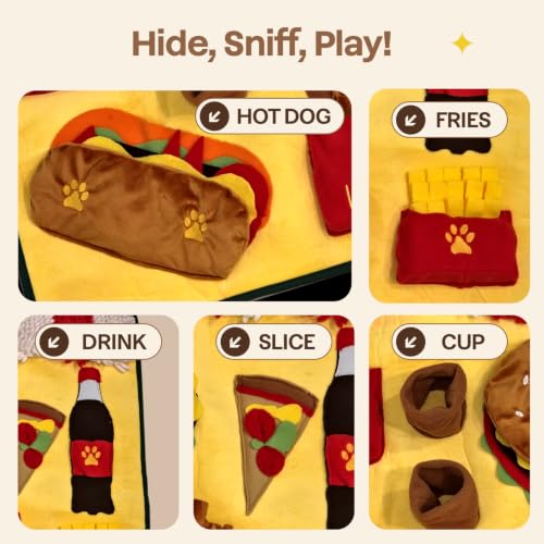Interactive Dog Snuffle Mat for Slow Feed & Digestion Support - Large 31×24 in, Multicolor Mat with Washable Fleece, Non-Slip Backing - Mental Stimulation & Puzzle Toys for Dogs of All Breeds - color: Fast Food Design