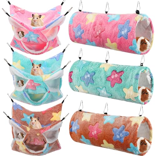 Sweetude 6 Pcs Rat Hammock Set Ferret Hanging Tunnel 3 Tier Guinea Pig Hammocks Hideout Soft Chinchilla Bed for Cage Accessories Hide,Play and Sleep(Dreamy,Star) - color: Dreamy