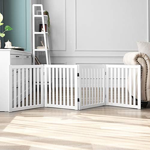 WELLAND Wooden Freestanding Dog Gate, Expandable Dog Gate, Indoor Pet Fence - color: White, size: 4 Panel 80" Wide