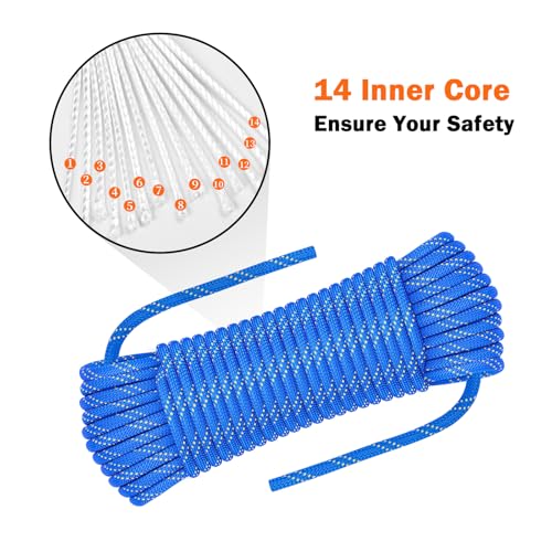 AOLEBA 8.5mm Static Climbing Rope, Outdoor Rock Climbing Ropes, Heavy Duty Rappelling Rope for Fire Rescue, Escape, 10M(32Ft) 20M(64Ft) 30M(96Ft) Ice Climbing Equipment & Parachute Accessories - color: Blue, size: 64FT