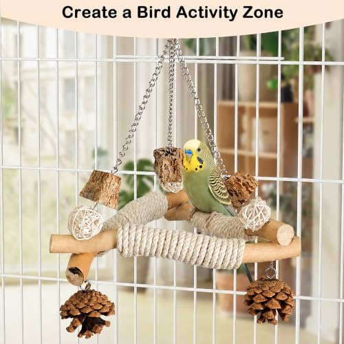 Bird Swing Perch Toy, Hanging Wooden Bird Swing with Rope Wrapped Perches, Pine Cones and Natural Chew Elements for Parakeets, Budgies, Cockatiels, Lovebirds and Small Birds