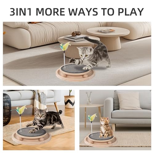 Natural Sisal Round Cat Scratcher with Ball Track Toy - color: Gold