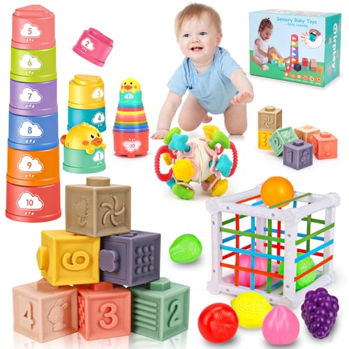 Qirptey Montessori Baby Toy,Stacking Cups Blocks Sensory Bin Teething Toys