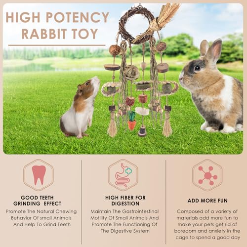 Bissap 3 PCS Rabbit Chew Toy, Bunny Cage Hanging Chew Toys Treats Rattan Ring with Snacks Water Grass Wooden Block Carrot for Guinea Pigs Chinchillas Hamsters Rats and Other Small Pets Teeth Grinding - size: 3 PCS