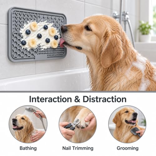 Dog Lick Mat for Dogs & Cats, 2 Pack Silicone Lick Pad with Strong Suction Cups, Slow Feeder Mat for Bathing, Grooming, Anxiety Relief, Peanut Butter, Wet Food & Treats - color: Gray+Cyan