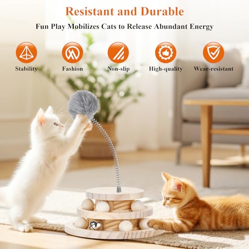 2-Tier Wooden Cat Ball Track Toy - Non-Toxic Cat Turntable with Removable Balls, Interactive DIY Circle Toy for Kittens & Cats Mental/Physical Exercise, Safe Natural Wood Kitty Roller - size: 7.3