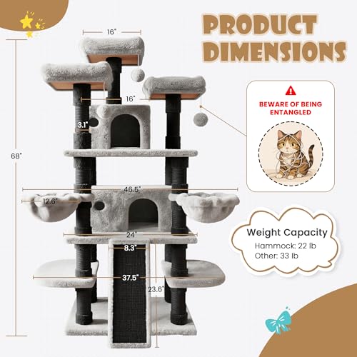 SHA CERLIN 68 Inches Multi-Level Large Cat Tree for Large Kitties/Big Cat Tower with Condo/Cozy Plush ‌Pussycat Perches/Sisal Scratching Posts and Hammocks/Activity Center/Black & Grey - color: Black & Grey, size: 68in