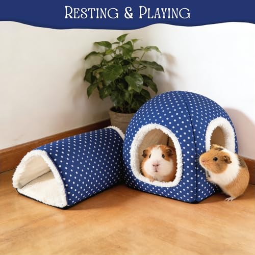 Guinea Pig Hideout and Play Tunnel Set, Washable Fleece Bed for Dwarf Rabbits, Bunnies, Chinchillas, Small Animal Toys - Blue Dot - color: Blue
