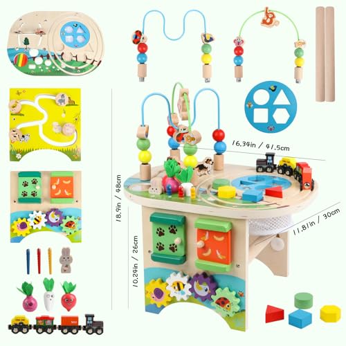 Activity Table for 1 Year Old Montessori Educational Learning Toys for 1 2 Year Old Girls Boys Toddlers Baby 12-18 Months 1st First Birthday Gifts 10 in 1 Wooden Bead Maze Sensory Center Toys