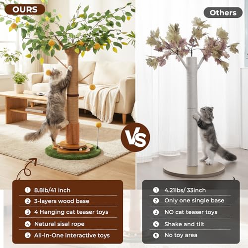 41" Tall Cat Scratching Post for Large Cats - XL Sturdy Cat Scratching Post with Solid Wood Base, Sisal Rope Scratching Posts for Indoor Cats Adults with Self-Grooming Brush, 4 Detachable Hanging Toys