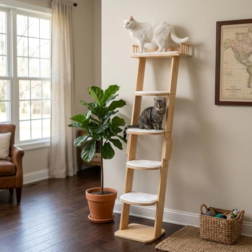 Solid Wood Leaning Cat Climbing Ladder, 70" Tall 6-Level Tree Tower