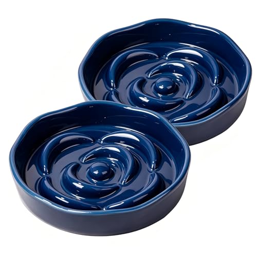 Slow Feeder Cat Bowl Set of 2, Ceramic Slow Feeding Cats Bowl Whisker Friendly, Anti Vomiting Cat Feeder for Dry and Wet Food，Fun Maze Interactive Bloat Stop Puzzle Bowls for Healthy Eating Diet - color: Navy blue